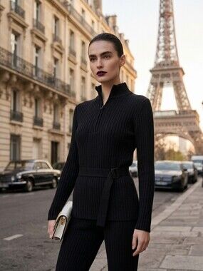 Contact New York Ribbed Belted Long Sleeve 1/4 Zip Sweater Black Cotton Blend Lg